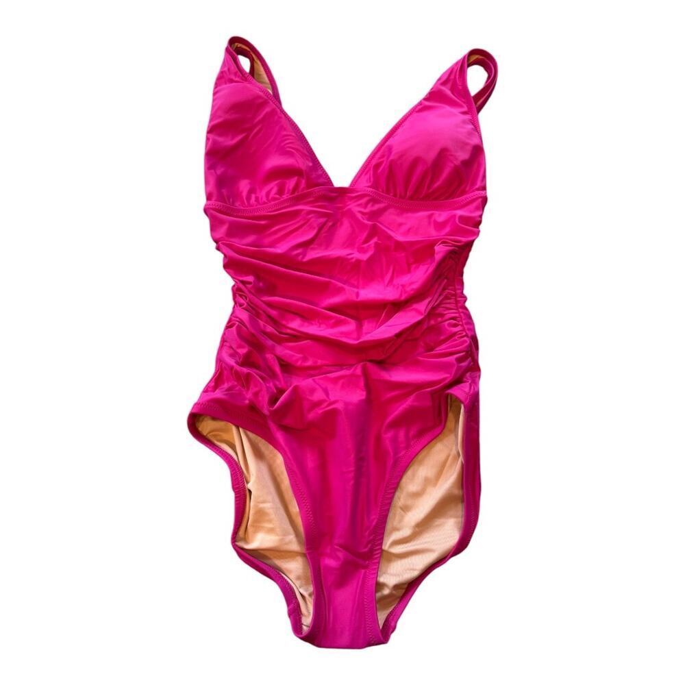 NEW J. Crew Women’s Size 4 Radiant Fuchsia Ruched V-neck One-Piece NWT - Picture 2 of 4